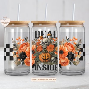 Dead Inside 16oz Glass Can Wrap, Halloween Digital Download Sublimation Design, 16oz Template, Skull Pumpkin Floral Jar Tumbler Wrap PNG
