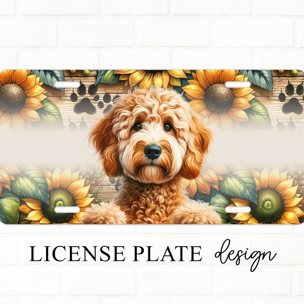 Goldendoodle Dog License Plate Design, Floral Sunflower Sublimation PNG, Decorative Car Accessory, Pet Lover Gift, Unique Vehicle Tag
