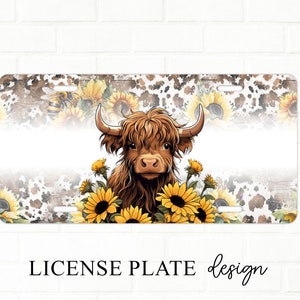 May include: A brown Highland cow with long hair is surrounded by yellow sunflowers. The background is a white and brown cow print pattern.