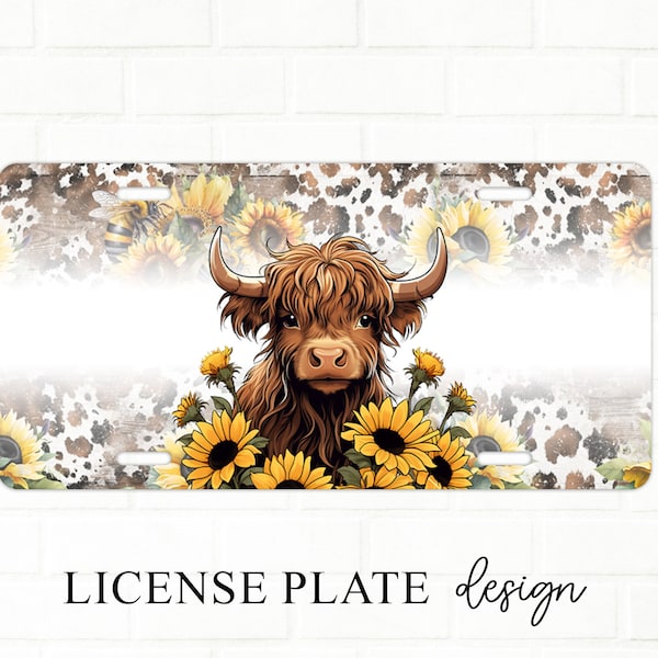 Sunflower License Plate, Highland Cow Car License Plate, Shaggy Cow Sublimation Png, Cow Design, Cowhide License Plate Png, Digital Download