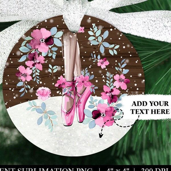 Pink Ballerina Ornament PNG, Ballet Ornament Sublimation Design, Dancer Christmas Ornament Template, Printable Floral Xmas Image Sublimate