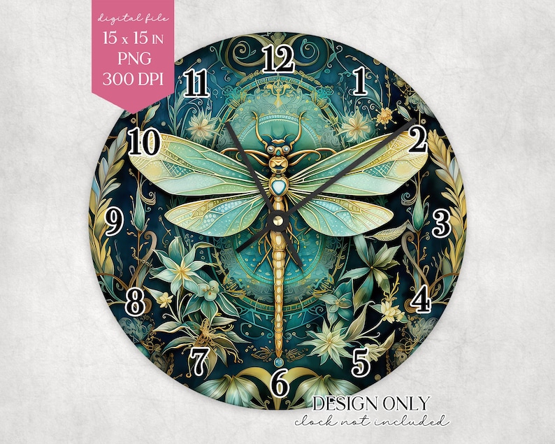 Dragonfly Clock Roses Dragonfly Clock Face PNG: Teal Floral Sublimation Design (15x15in ...