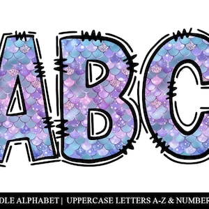 Under The Sea Mermaid Doodle Alpha - Hand Drawn PNG Letters for Sublimation - Printable Purple Bokeh Mermaid Scales Alpha Pack