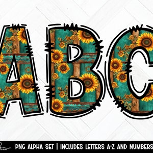 Sunflowers Sublimation Alpha Set Designs Png, Doodle Letters Alphabet Bundle Png, Instant Download, Watercolor Flowers Alphabet Png