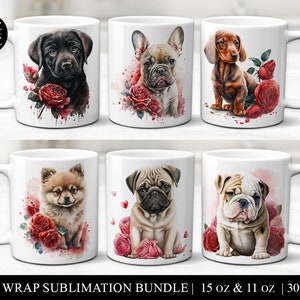 Hond mok sublimatie bundel, aquarel Valentijn koffiekopje wraps, commercieel gebruik 11oz & 15 oz print klaar digitaal download ontwerpbestand