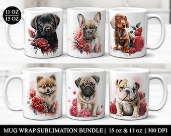 Pacote de sublimação de canecas de cachorro em aquarela: embalagens para xícaras de café de dia dos namorados (download digital)