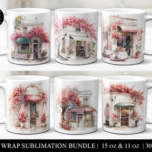 Mug Sublimation Bundle, Beautiful Watercolor Parisian Cafe Coffee Cup Wraps, 11oz Print Ready Digital Download Design File