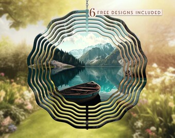 Lake Boat Wind Spinner PNG: Mountain Landscape Garden Art (Digital Download)