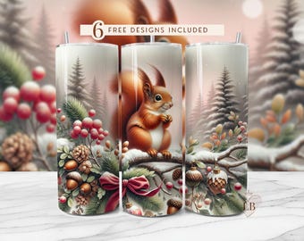 Christmas Squirrel Tumbler Wrap PNG: Winter Woodland Sublimation Design (20oz Skinny Tumbler Digital Download