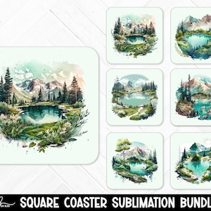 Drinks Coasters, Car Coaster Png, Mountain Watercolor, Round Keychain Png, Home Decor, Coaster Bundle,  Mountain Coasters