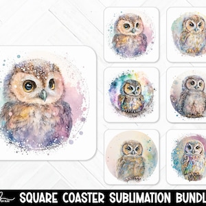 Owl Png, Owl Coaster Designs, Instant Digital Download, Pastel Square Coaster, Ready To Press, Rainbow Watercolor Sublimate Designs Download