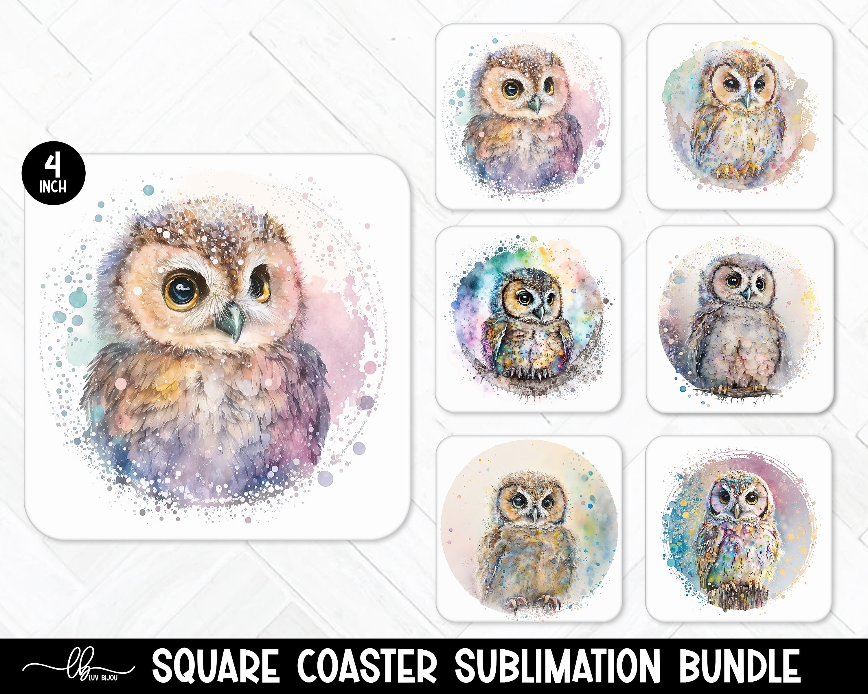 Owl Png, Owl Coaster Designs, Instant Digital Download, Pastel Square Coaster, Ready To Press, Rainb