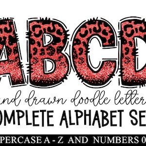 Letras de Doodle com glitter vermelho, alfabeto de leopardo, design digital, alfabeto desenhado à mão, impressão de chita, design Png, preto e vermelho Faça seu próprio nome