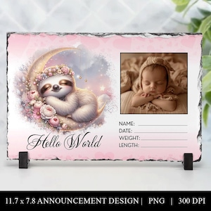 Faultier Baby Ankündigung Schiefer Design PNG personalisierte Geburtsanzeige Digitaler Download Kinderzimmer Dekor Niedliche Babymitteilung