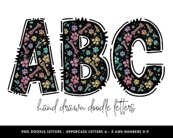 Alphabet doodle imprimé patte, lettres os de chien arc-en-ciel (téléchargement numérique)