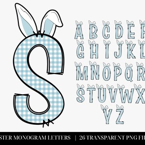Cartas de Pascua, Cartas de Doodle de Sublimación de Pascua, Monograma de Orejas de Conejito, Alfabeto de Gingham Azul, Clipart de Pascua de Niño A-Z, Doodle de Pascua