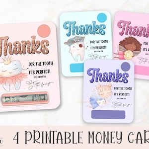 Jolies cartes de vœux fée des dents, cartes de vœux imprimables de fée des dents, porte-cartes cadeau fée des dents, imprimer puis découper des fichiers PNG de conception fée des dents