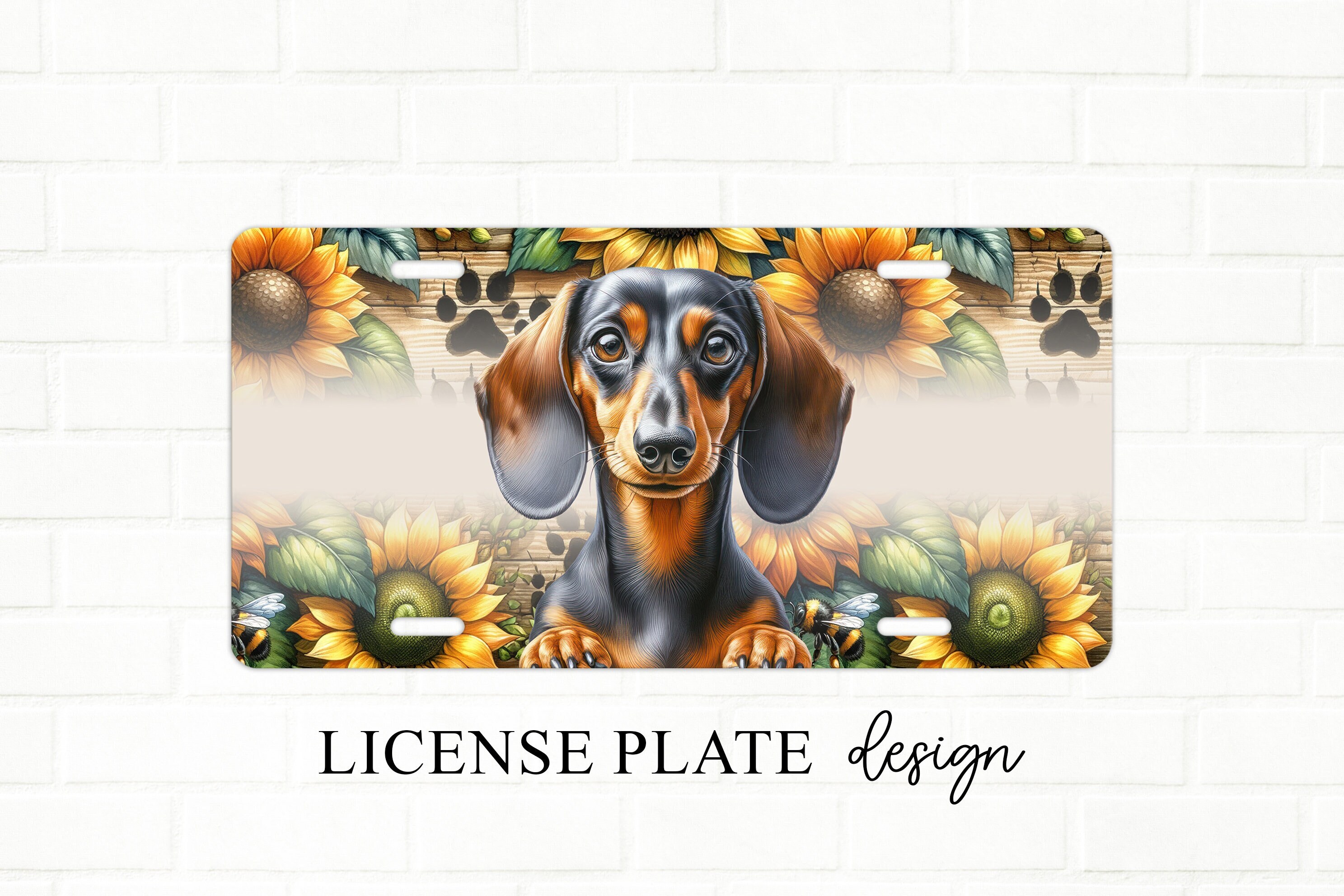 Dachshund Sunflower License Plate Design: Floral Doxie Car Tag