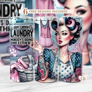 Sarcastic Retro Housewife Tumbler Wrap, Seamless Sassy 20 oz Skinny Tumbler Sublimation Design, Woman with Tattoos Straight Tumbler PNG