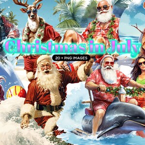 Christmas in July Clipart, Santa On The Beach Graphics Bundle, Watercolor Santa Claus Illustrations, Tropical Christmas Sublimation PNG