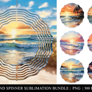 May include: A set of six digital images of sunset scenes with ocean waves and palm trees. The images are in a circular shape and are perfect for sublimation projects like wind spinners. The images are 300 DPI and in PNG format.