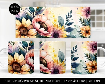 Sunflower Mug Sublimation Design: Watercolor Floral Coffee Mug (Digital Download)