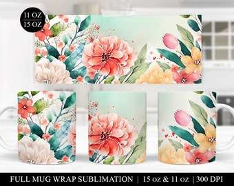 Spring Floral Mug Sublimation Template: Full Wrap Design (Digital Download)