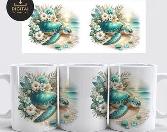 Sea Turtle Mug Wrap PNG, Floral Coastal Design (Digital Download)