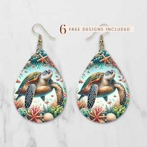 May include: A pair of dangle earrings featuring a watercolor-style illustration of a sea turtle swimming in a coral reef. The earrings are made of metal and have a teardrop shape.
