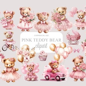 Roze aquarel teddybeer clipart, clipart voor commercieel gebruik | Roze teddybeer clipart voor meisjes | Baby meisje clipart | Kleine Beer