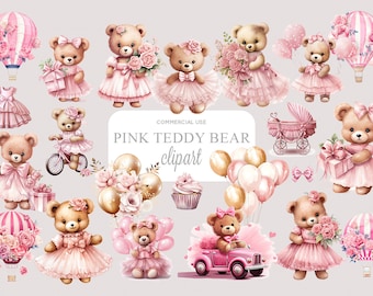 Pink Teddy Bear Watercolor Clipart: Baby Girl Graphics (Commercial Use)