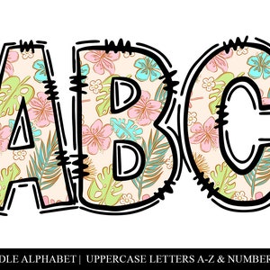Fuente de alfabeto floral de verano tropical, letras de garabato de hibisco, letras PNG retro, alfa de verano, garabato dibujado a mano, uso comercial incluido