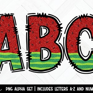Watermelon Alpha Doodle, Fruit Doodle, Png Letters, Fruit Alphabet, Watermelon Font, Commercial Use, Hand Drawn Doodle, Summer Alphabet
