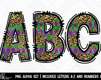 Mardi Gras Doodle Alphabet: PNG Buchstaben & Zahlen (Digitales Design)