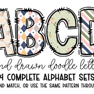 Spring Doodle Alphabet PNG, Floral Alphabet Letters PNG Bundle, Plaid Hand Drawn Doodles, Stripes Sublimation Alpha Set Designs PNG