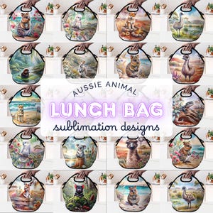 Lunch Bag Sublimationsdesigns, australische Tiere Einkaufstasche PNG Bundle, 20 verschiedene lustige Designs für alle Gelegenheiten, digitaler Download zum Basteln