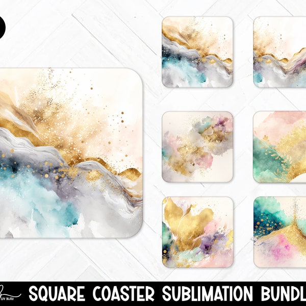 Square Coaster Bundle, Abstract Pastel And Gold Watercolor Sublimation Bundle, 6 Coaster Designs, Keychain PNG, Earring Clipart