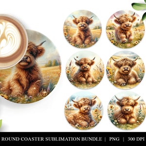 Puede incluir: Conjunto de 6 posavasos redondos con adorables ilustraciones de vacas de las Tierras Altas. Cada posavasos tiene una pose diferente de la vaca en un campo de flores. Los posavasos son perfectos para añadir un toque de fantasía a la decoración de tu hogar.