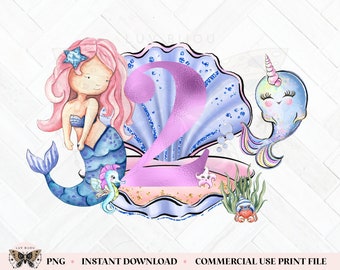Sirena per il 2° compleanno in formato PNG: design sottomarino (download digitale)