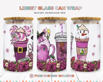 Christmas Coffee Glass Can Tumbler Sublimation PNG: Pink Design (Digital Download)