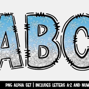Winter Snowflake Doodle Letters, Christmas Glitter PNG Letters, Sublimation Alphabet, Bulletin Board Letters
