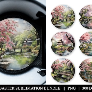 以下が含まれることがあります： 池、橋、桜の木のある日本庭園のシーンが描かれた、丸い昇華コースター6個セット。コースターは昇華プリンターでの使用を想定して設計されています。