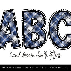 Blue Plaid Alphabet PNG Letters A to Z and Numbers 0 to 9 Buffalo Check Doodle Font Rustic Farmhouse Sublimation Design for Crafts and Decor