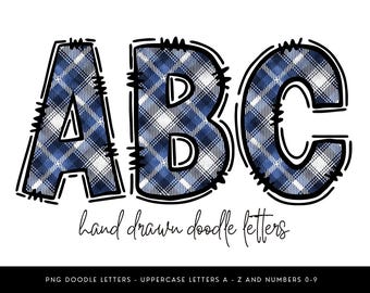 May include: Uppercase letters A, B, and C in a blue and white plaid pattern with a black outline. The words "hand drawn doodle letters" are written in a script font below the letters. The letters are on a white background.