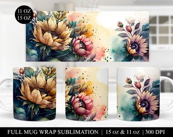 Watercolor Sunflower Mug Sublimation Design: Full Mug Wrap (Digital Download)
