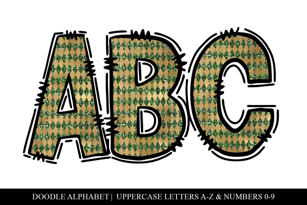 St. Patrick's Day Harlequin Pattern Doodle Alpha, Green & Gold Hand ...