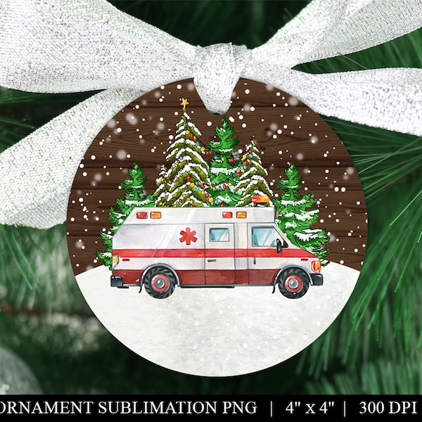 Customizable Ambulance Ornament - Christmas Sublimation Designs, Printable Image, First Responder Round Waterslide - Commercial Use