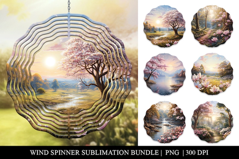 May include: A set of eight wind spinner designs featuring various nature scenes with trees, flowers, and water. The designs are in a circular shape and are perfect for sublimation projects.