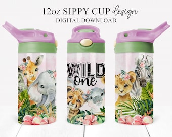 Safari Animals Tumbler Template: Wild ONE 12oz Sippy Cup (Digital Download)