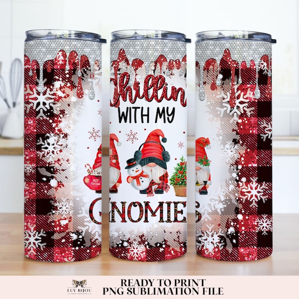 Cute Christmas Tumbler Wrap Sublimation PNG,  20z Skinny Tumbler Gnome Sublimate Design, Chillin With My Gnomies Tumbler Template